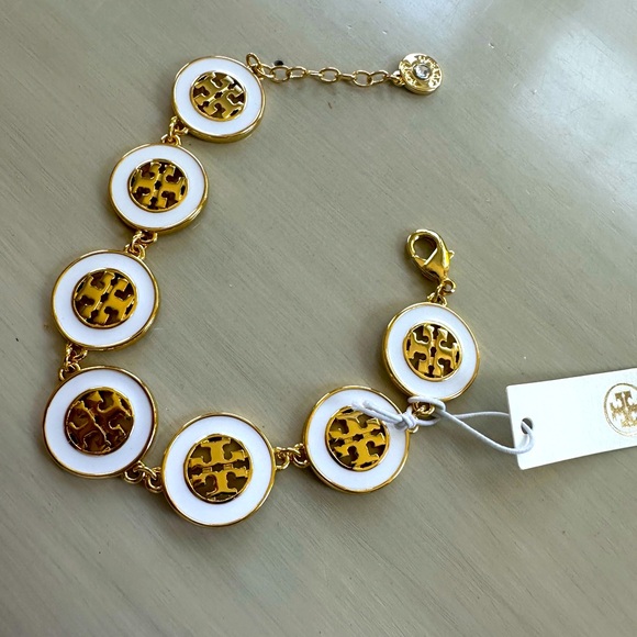 Tory Burch Logo Bangle Gold and White Bracelet - Picture 2 of 6